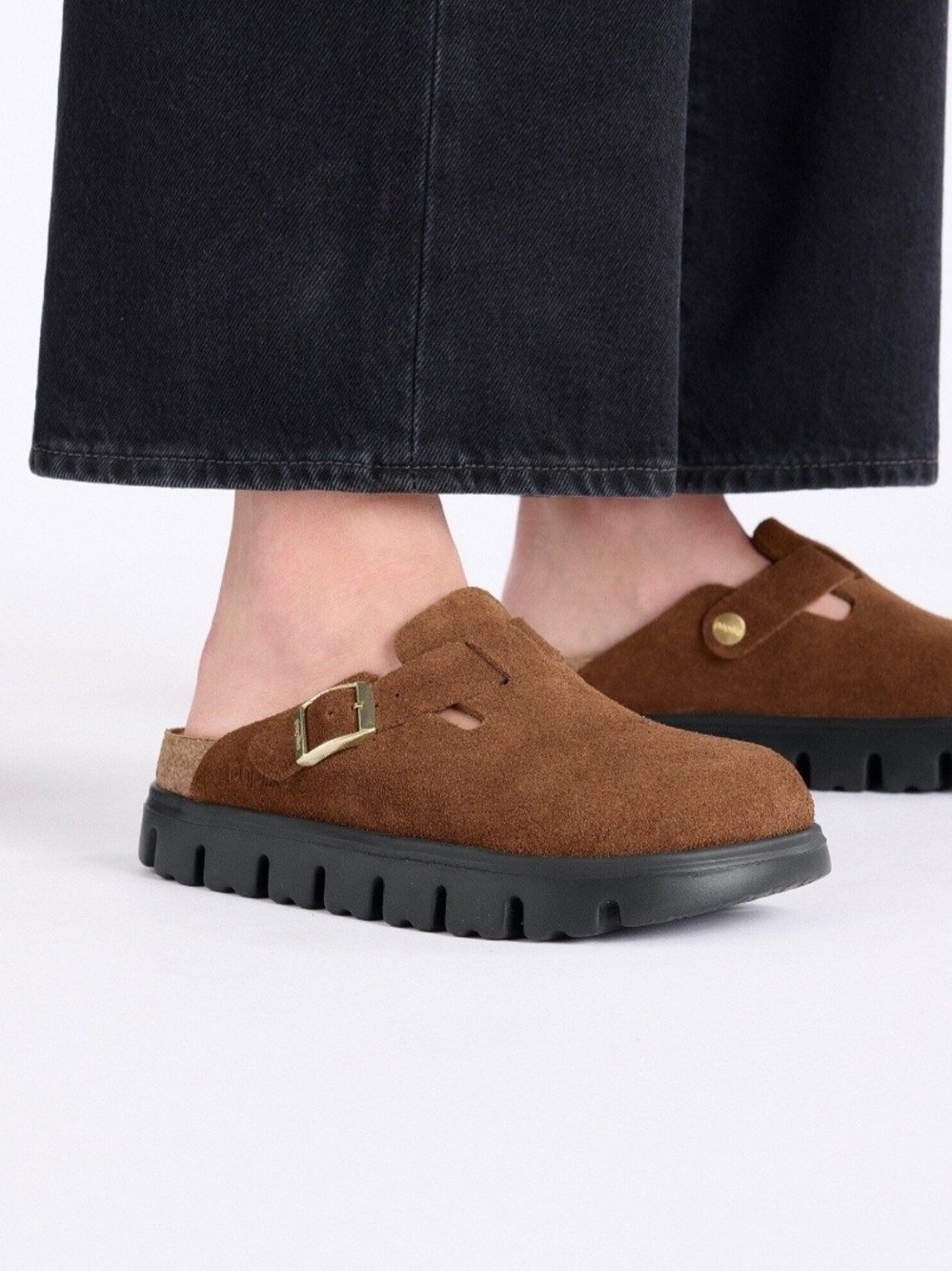Birkenstock Boston Chunky Suede Slip-On Clog with Buckle in Dark Tea/Black - Picture 7 of 12